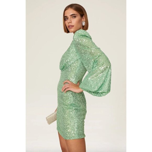 Ieena for Mac Duggal Sequined Structured Bishop Sleeve Mini Dress Light Green Wo - Picture 2 of 14
